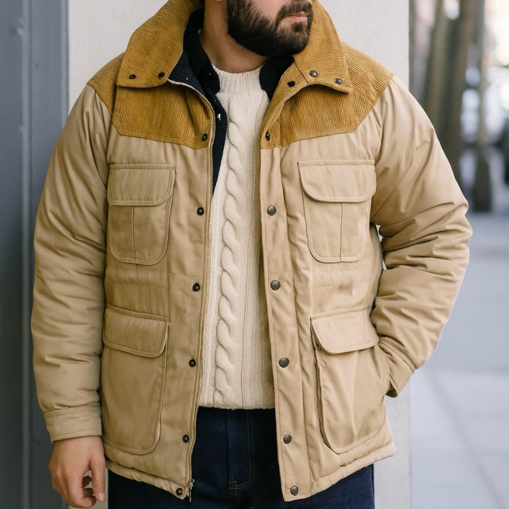 St John’s Bay Men’s Lg Brown/Tan Corduroy Coat Puffer Parka Field Jacket Vintage
